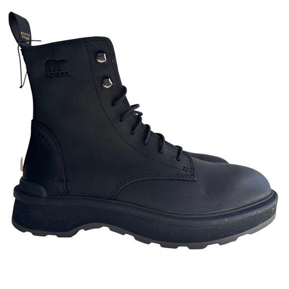 Sorel Hi-Line Lace Combat Boot Women's 8 Waterproof Jet Black Leather Low Heel - Picture 1 of 11